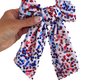 Red White Blue Sequins Bows, Bow Hair Clip, Barrette Hair Clip, Soft Hair Clip, 4th of July Clip, Barrette, Brynnbands
