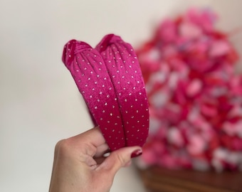 Pink Velvet with Glitter Top Knot, Valentine Headband, Pink Headband, Brynnbands, Hard Headband, Knotted Headband, Valentine's Day