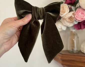 Olive Velvet Bow, Giant Velvet Bow, Spring Hair Bow, French Barrette, Coquette Bow, Brynnbands, Wide Bow, Women’s Accessories