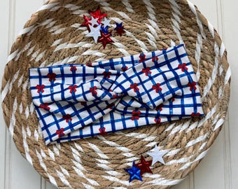 Blue Gingham Red Bows Turban, Brynnbands, Soft Headband, Turban Headband, Twisted Headband, 4th of July Headband, Patriotic Headband