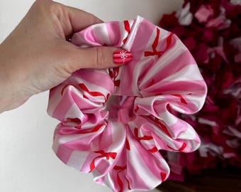 Stripes & Bows Satin Scrunchie, Satin Scrunchie, Valentines Scrunchie, Brynnbands, Hair Scrunchie