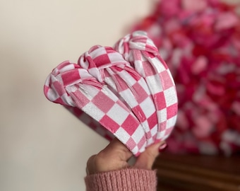 Velvet Checkered Top Knot, Valentine Headband, Pink Headband, Brynnbands, Hard Headband, Knotted Headband, Valentine's Day