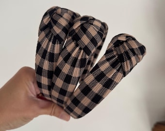 Brown & Black Checkered Headband, Top Knot Headband, Hard Headband, Flexible Headband, Brynnbands, Knotted Headband, Fall Headbands