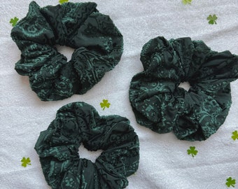 Jumbo Floral Green Velvet Scrunchie, Oversized Scrunchie, Jumbo Scrunchie, Brynnbands, Hair Scrunchie, Hair Tie, St Pats Scrunchie,