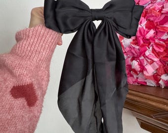 Black Satin Coquette Large Hair Bows, Gifts for her, Hair Accessories, Mommy & Me Big Bow, Bridesmaid Gift, Barrette Hair Clip, Brynnbands