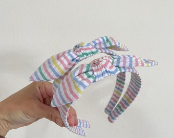 Pastel Seersucker Bow Headband, Hard Headband, Hair Headband, Spring Headband, Mama & Me Headband, Brynnbands
