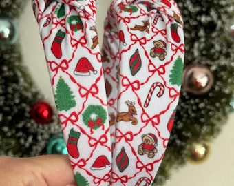 Christmas Headbands, Red Santa Icons Top Knot Headband, Holiday headband, Hard Headband, Christmas Headband, Brynnbands