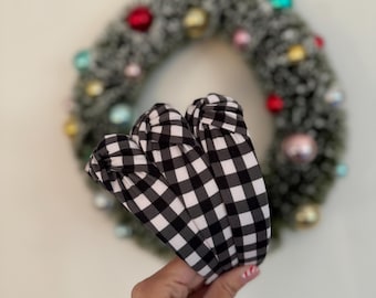 Black & White Buffalo Check Top Knot Headband, holiday headband,  Hard Headband , Christmas  Headband, Bendable Headband, Brynnbands