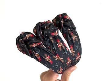 Blue Reindeer Top Knot Headband, holiday plaid headband,  Hard Headband , Christmas  Headband, Bendable Headband, Brynnbands