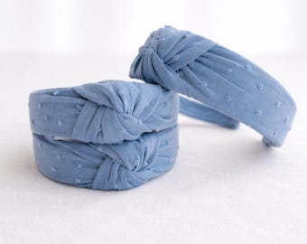 Blue Swiss Dot Top Knot Headband, Velvet Fabric, One Size Fits All