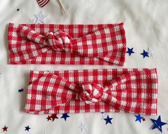 KNOTTED Red Gingham Headband,  Knotted Headband, Top Knot Headband, Brynnbands
