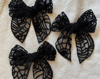 Halloween Bow, Black Spider Web Bow, Mesh Bow, Lace Bow, Bow Hair Clip, Long Tail Hair Bow, Barrette Hair Clip,  Brynnbands, Fable Bow