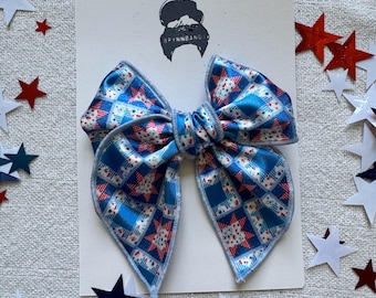 Barn Quilt Fable Bow, Patriotic Satin Bow, Brynnbands