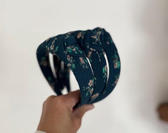 Blue Floral Headband, Rib Knit Headband, Floral Headband, Brynnbands,  Top Knot Headband