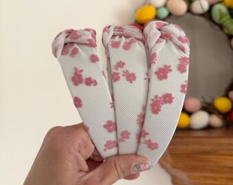 Pink Floral MESH Top Knot, Easter Headband, Pink Headband, Brynnbands, Hard Headband, Knotted Headband, Spring Headband