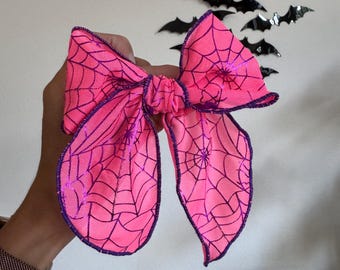 Pink Spiderwebs  MESH Fable Bow, Halloween Bow,  Bow Hair Clip, Long Tail Hair Bow, Barrette Hair Clip,  Brynnbands,