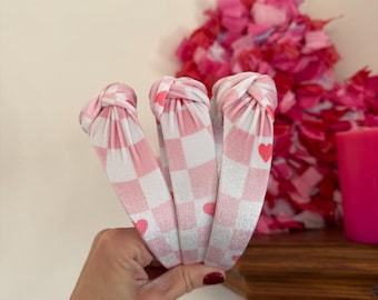 Velvet Checkered Hearts Top Knot, Valentine Headband, Pink Headband, Brynnbands, Hard Headband, Knotted Headband, Valentine's Day