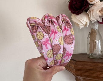 Softball & Bows Top Knot, softball Headband, Spring Headband, Brynnbands, Hard Headband, Knotted Headband, Baseball Mama, Headband