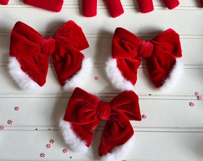 Featured listing image: Velvet Santa Bow, Bow Hair Clip, Barrette Hair Clip, Soft Hair Clip, Christmas Clip, Barrette, Brynnbands