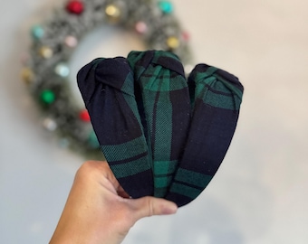 Green Woven Plaid Top Knot Headband, holiday headband,  Hard Headband , Christmas  Headband, Bendable Headband, Brynnbands