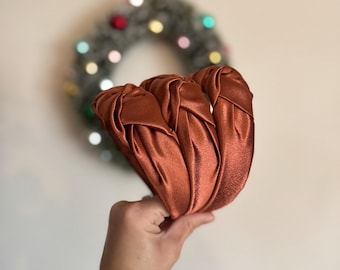 Copper Satin Top Knot Headband, holiday plaid headband,  Hard Headband , Christmas  Headband, Bendable Headband, Brynnbands