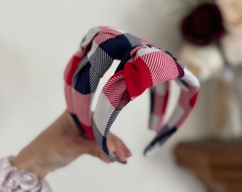 Red White Blue Plaid Top Knot Headband, Brynnbands, Hard Headband, Knotted Headband, Top Knot