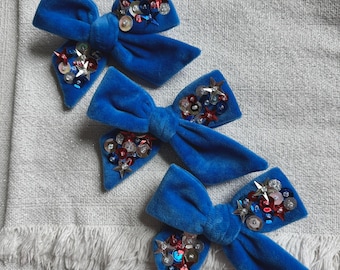 Royal Blue Bow, 4th of July Beaded Bow, Brynnbands