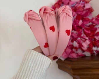 Pink with Red Hearts Headband, Hearts Top Knot Headband, Brynnbands, Valentine's, Hair Tie,  Galentine's Gift, Heart Headband,