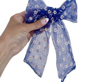Blue Daisies Bows, Bow Hair Clip, Barrette Hair Clip, Soft Hair Clip, 4th of July Clip, Barrette, Brynnbands