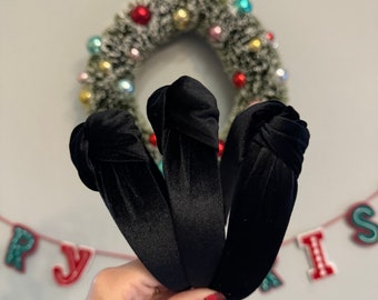 Black Velvet Top Knot Headband, holiday headband,  Hard Headband , Christmas  Headband, Bendable Headband, Brynnbands