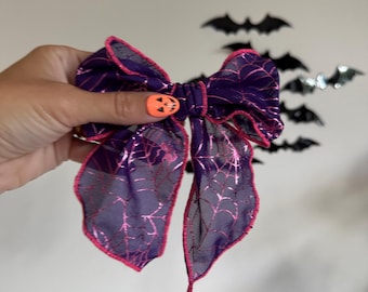 Purple Spiderwebs  MESH Fable Bow, Halloween Bow,  Bow Hair Clip, Long Tail Hair Bow, Barrette Hair Clip,  Brynnbands,