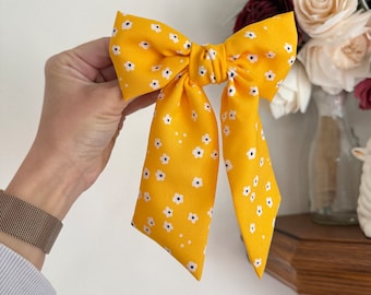 Yellow Daisies Bow, Bow Hair Clip, Barrette Hair Clip, Soft Hair Clip, Chiffon Barrette, Brynnbands