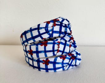 Blue Gingham Red Bows Headband, Hard Headband, Hair Headband, Headband, Brynnbands, Patriotic Headband, 4th of July Hair, 4th of July