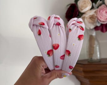 Pink Strawberries Top Knot, Fruit Headband, Strawberries Headband, Brynnbands, Hard Headband, Knotted Headband, Spring Headband