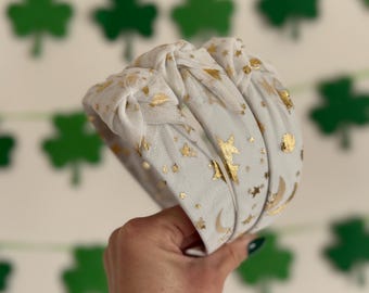 Gold Stars Mesh Top Knot Headband, holiday  headband,  Hard Headband , Christmas Headband, Bendable Headband, Brynnbands