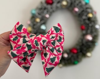 Pink Christmas Tree Satin Bow Hair Clip, Barrette Hair Clip, Soft Hair Clip, Christmas Clip, Barrette, Brynnbands