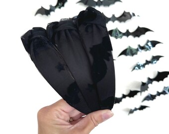 Black Bats & Stars MESH Top Knot, Halloween Headband, Black Headband, Brynnbands, Hard Headband, Knotted Headband,