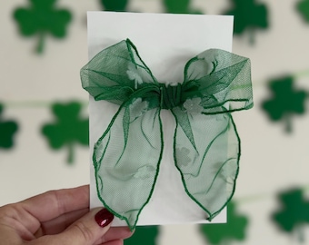 Mesh Shamrocks Fable Bows, Bow Hair Clip, Barrette Hair Clip, Soft Hair Clip, St Patrick's Day Clip, Barrette, Brynnbands