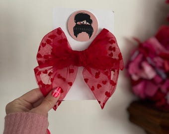 Red Hearts Bow, Flocked Red Hearts, Valentine Bow