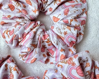 Springtime Scrunchies, Rainbows & Umbrellas Scrunchie, Springtime Scrunchie, Soft Scrunchie, Brynnbands, Fabric Hair Tie, Bunny Scrunchie