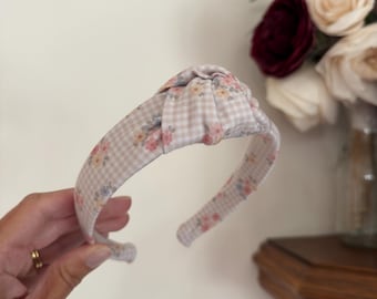 Floral Gingham Headband, Neutral Print