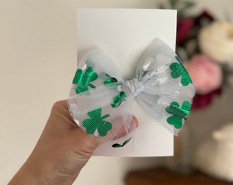 Shamrock Bow, Bow Hair Clip, Barrette Hair Clip, tulle Hair Clip, shamrock alligator clip, Brynnbands