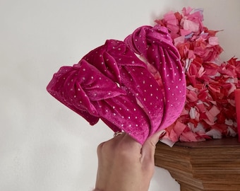 Magenta Velvet with Glitter Dots Top Knot, Valentine Headband, Pink Headband, Brynnbands, Hard Headband, Knotted Headband, Valentine's Day