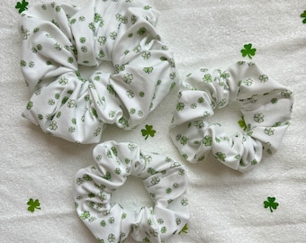 White Tiny Shamrocks Scrunchies, Bunny Ear Scrunchie, St Patrick's Day Scrunchie, Soft Scrunchie, Brynnbands, Fabric Hair Tie
