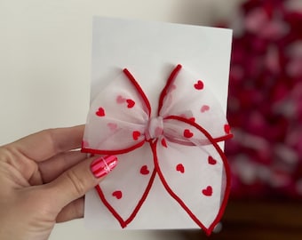 White Mesh with Red Flocked Hearts Fable Bow, Valentine's Bow