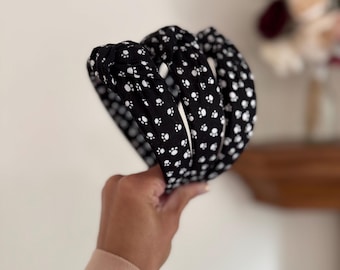 Paw Prints Top Knot, black Headband, Brynnbands, Hard Headband, Knotted Headband, Dog headband