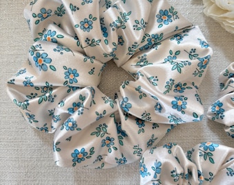 White Floral Satin Scrunchie
