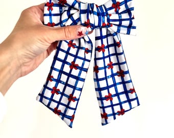 Blue Gingham with Red Bows, Bow Hair Clip, Barrette Hair Clip, Soft Hair Clip, 4th of July Bow, Patriotic Bow, Barrette Bow , Brynnbands