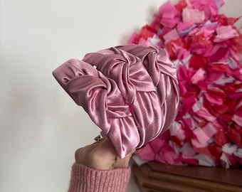 Pink Satin Top Knot Headband, holiday plaid headband,  Hard Headband , Valentine's Headband, Bendable Headband, Brynnbands