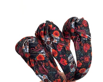 Day of the Dead Skulls & Floral Headband,  Halloween Top Knot Headband, Brynnbands, Hard Headband, Fall Headband, Top Knot,